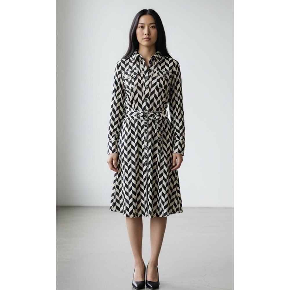 BCBG Retro Chic Chevron Belted Dress – Size L